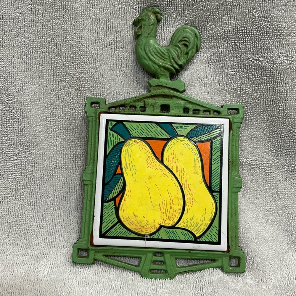 Vintage Japan Trivet Hot Plate Tile & Cast Iron Rooster Cottage Core Farm House.